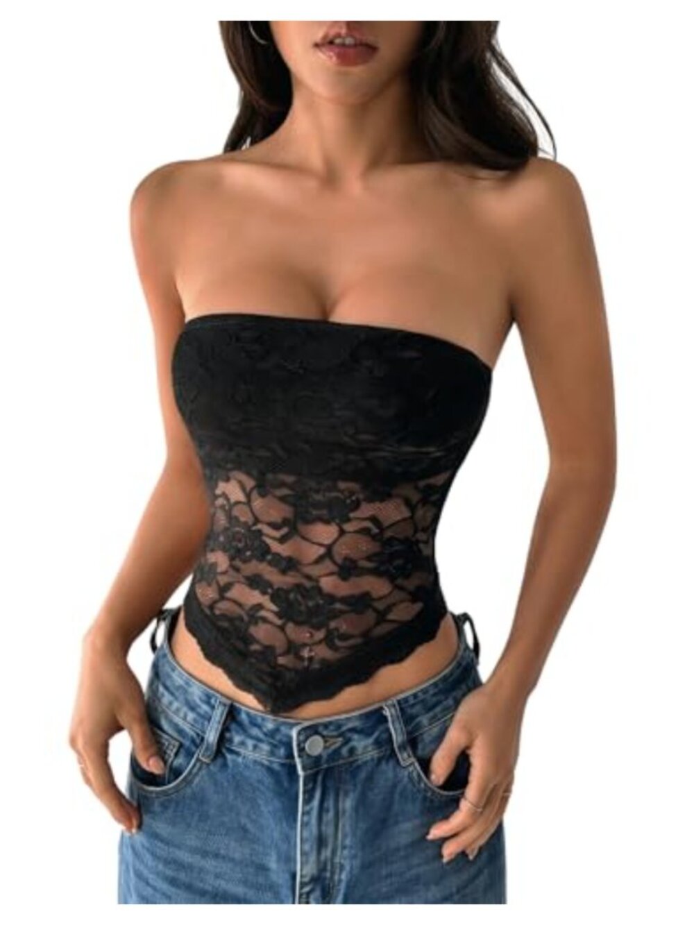 Y2K Lace Tube Top Strapless Sleeveless Bandeau Sheer Asymmetrical Hem Going Out